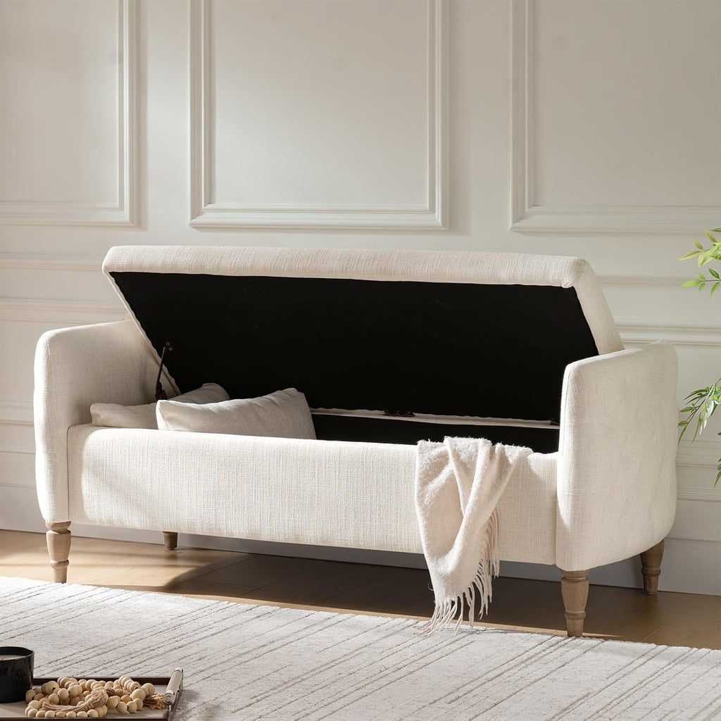 HULALA HOME Storage Bench for Bedroom with Throw Pillows, 59" Large Bedroom Ottoman Bench with Solid Wood Frame, Comfy Upholstered Footstool with Flip-top for Living Room, Entryway, Ivory