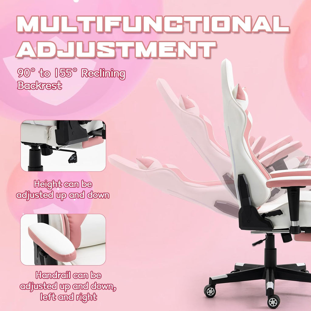 Massage Gaming Chair w/Footrest Video Racing Chair PC High Back Desk Computer Chair PU Leather Recliner w/Headrest and Lumbar Pillow, Pink-White