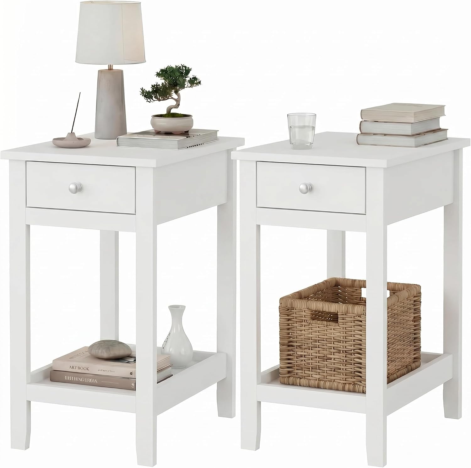 SEJOV End Table Set of 2, Narrow Night Stand with Drawer and Shelves, 2-Tier Small Wood Look Accent Side Tables Living Room Bedroom Office, White