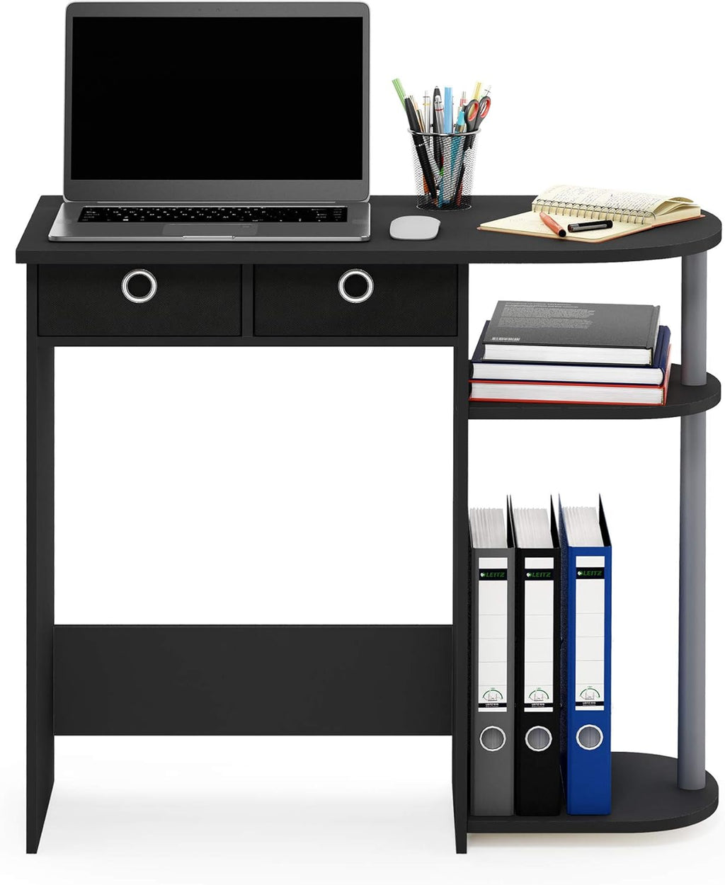 Furinno Go Green 32-Inch Black Computer Desk, Office Desk with 2 Side Shelves and Storage Bins, Rectangular Home Office Desk, Gaming Desk for Home Office, Bedroom, Study Room, Classic Black