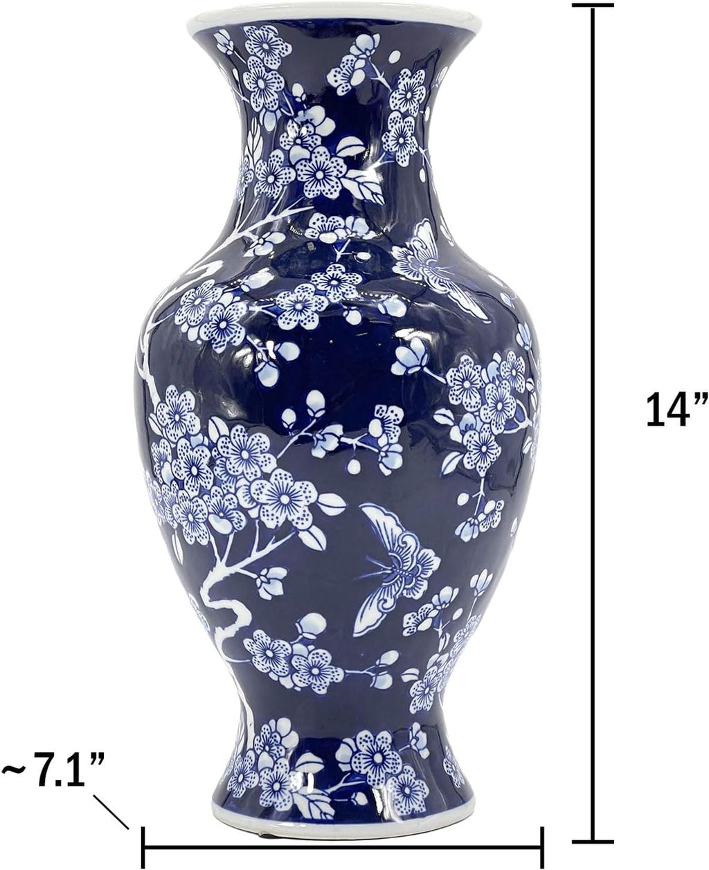 Galt International 14” Hand Painted Chinoiserie Ceramic Vase – Antique Style Porcelain Flower Bottle by Galt International, Fishtail Chinese Vase for Home Decor & Centerpiece - Dark Blue Floral