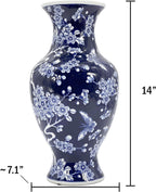 Galt International 14” Hand Painted Chinoiserie Ceramic Vase – Antique Style Porcelain Flower Bottle by Galt International, Fishtail Chinese Vase for Home Decor & Centerpiece - Dark Blue Floral