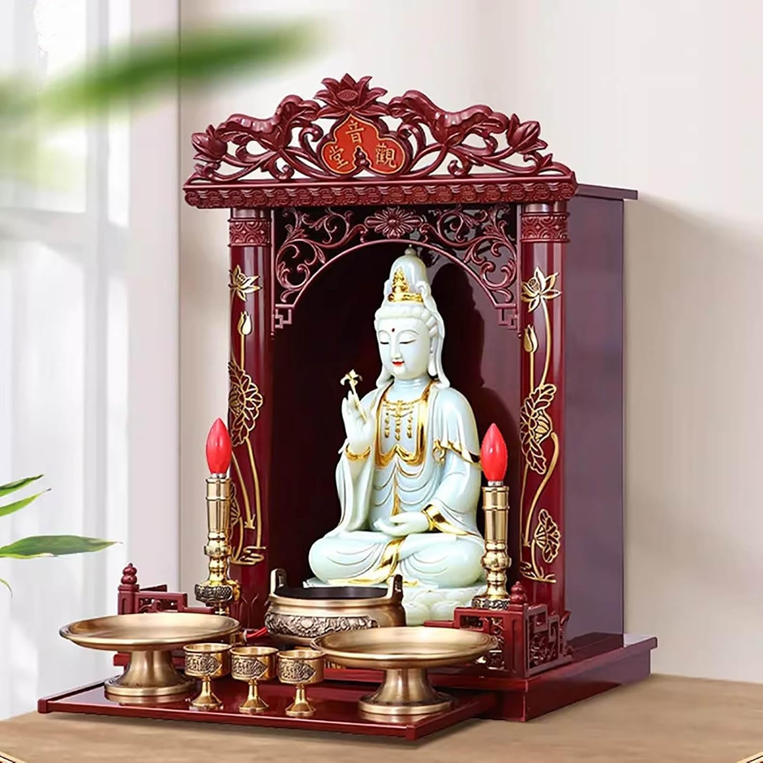 Wall Altar Shelf with Pull-Out Panel for Incense Offerings,Wall-Mounted Solid Wood Buddhist Shrine Altar Table for Meditation and Prayer(45 * 34 * 63.5cm/17.7 * 13.3 * 25in)