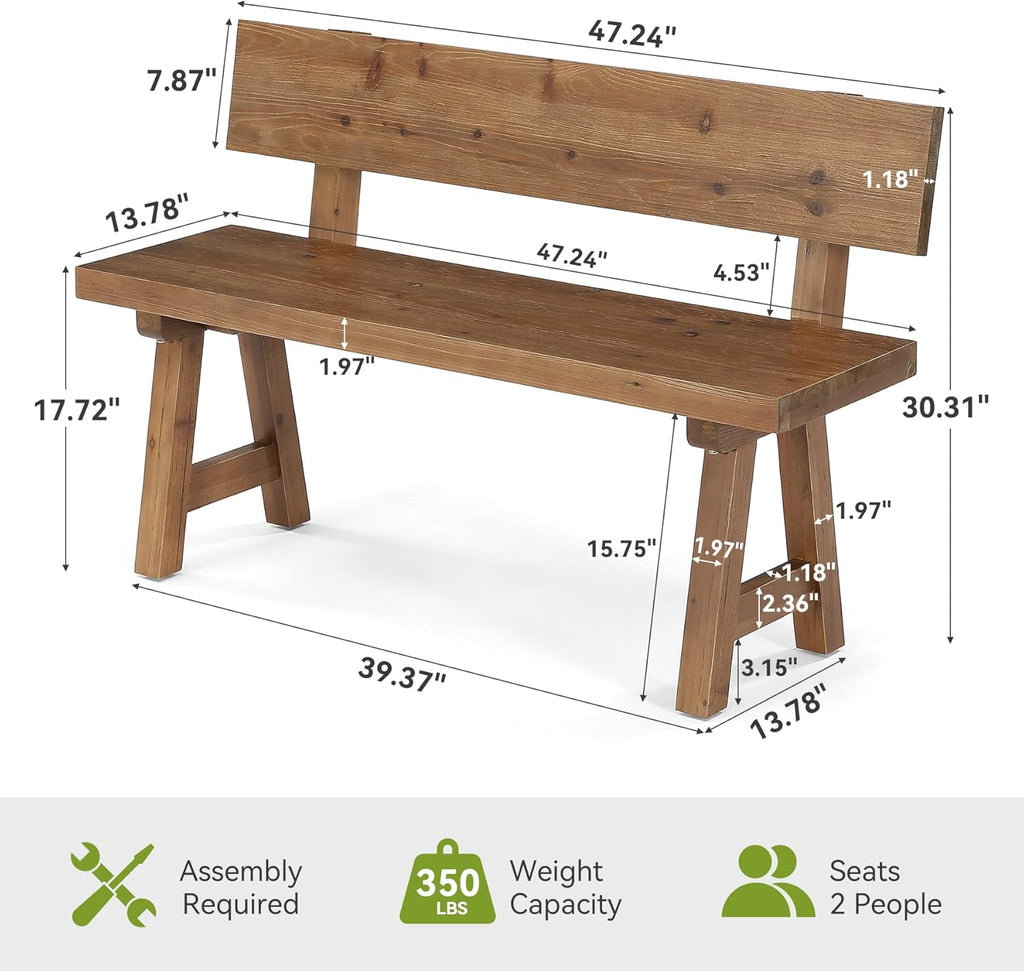 LITTLE TREE Solid Wood Bench with Back, 47-Inch Long Farmhouse Wooden Indoor Window Bench Seat for Entryway, Mudroom, Living Room, Easy Assembly, Rustic Brown