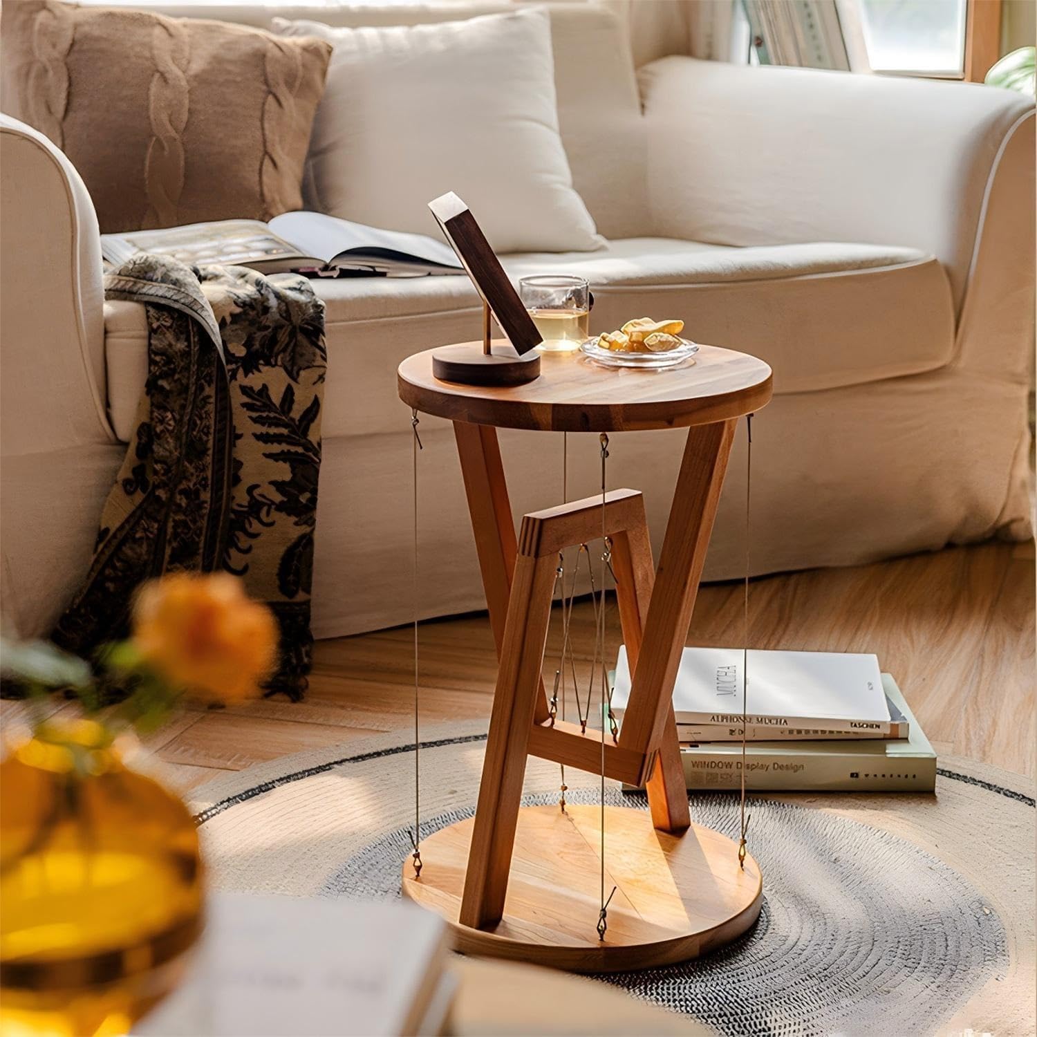 Floating Effect End Table, Solid Wood Tensegrity Side Table, Anti-Gravity Hanging Plant Rack, Modern Floating End Table, for Living Room & Bedroom (Natural, 11.8" L * 11.8" W * 17.5" H in, Wood)