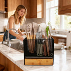 Kitchen Utensil Holder Countertop, Extra Large Utensil Organizer with Drawer, 2 Tier Utensil & Silverware Holder for Counter, Countertop Organizer for Cooking Utensil Cutlery, Quick Dry Diatomite Base