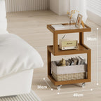 3-Tier Side Table - Walnut Geometric Design with Glass Top & Wheels, Sofa & Bedside Table for Small Spaces, Living Room & Bedroom Modern Minimalist