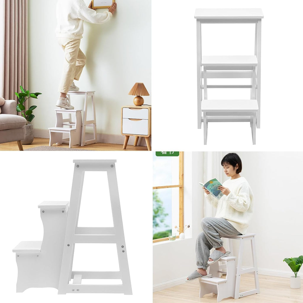 3 Tier Folding Step Stool,Wood Ladder,Folding Library Ladder Chair,Portable Multifunctional Step Stool for Home, Office,Library (White)