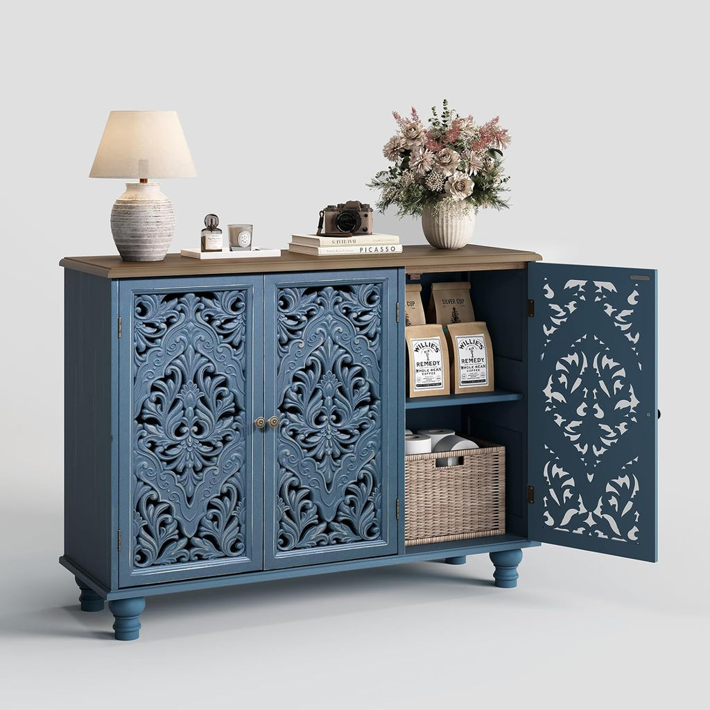 Jiansu furni Sideboard Buffet Cabinet with Storage, Accent Cabinet with 3 Doors and Adjustable Shelves,Buffet Table with Solid Wood Legs for Kitchen, Living Room, Hallway(Blue & Walnut)