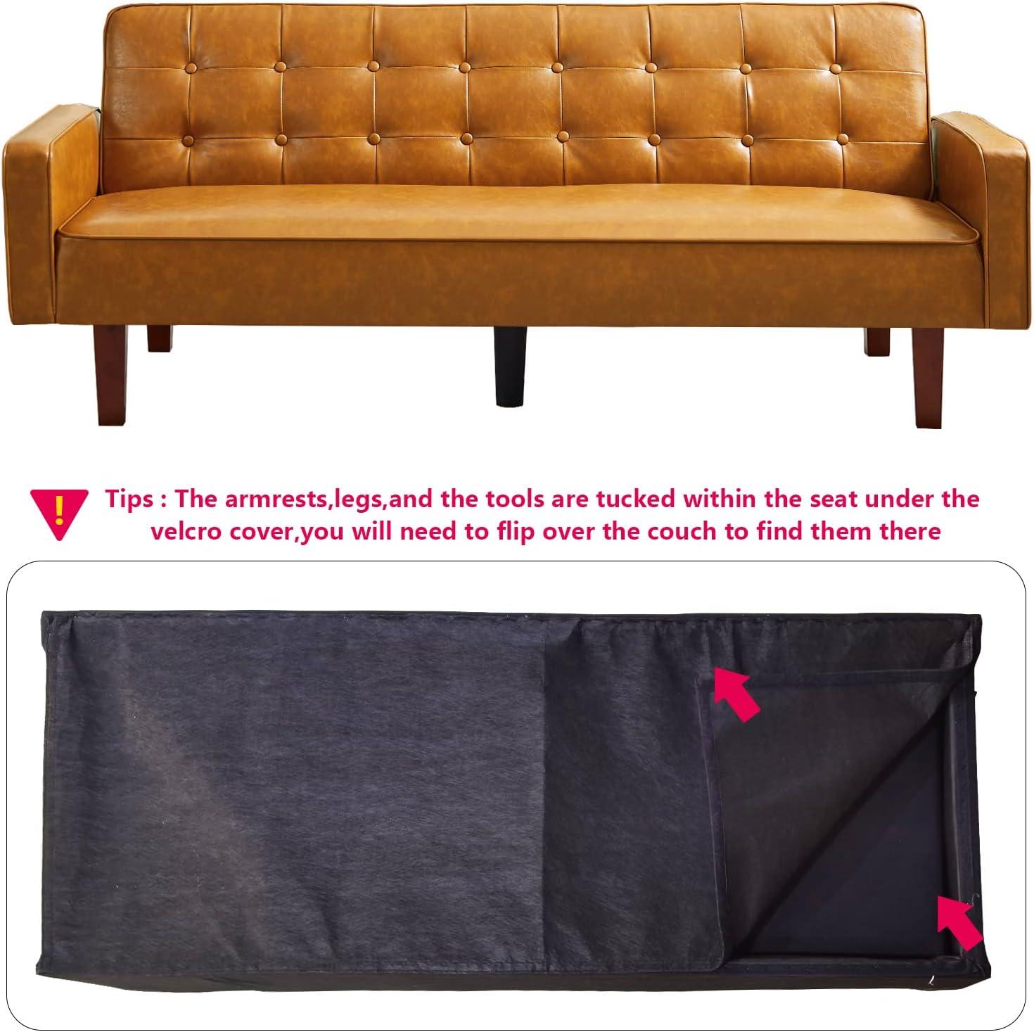 mikibama PU Futon Sofa Couch for Living Room Convertible Faux Leather Upholstered Futon Sleeper Sofa Bed Channel Tufted Bedroom Futons with Solid Wood Legs for Small Spaces