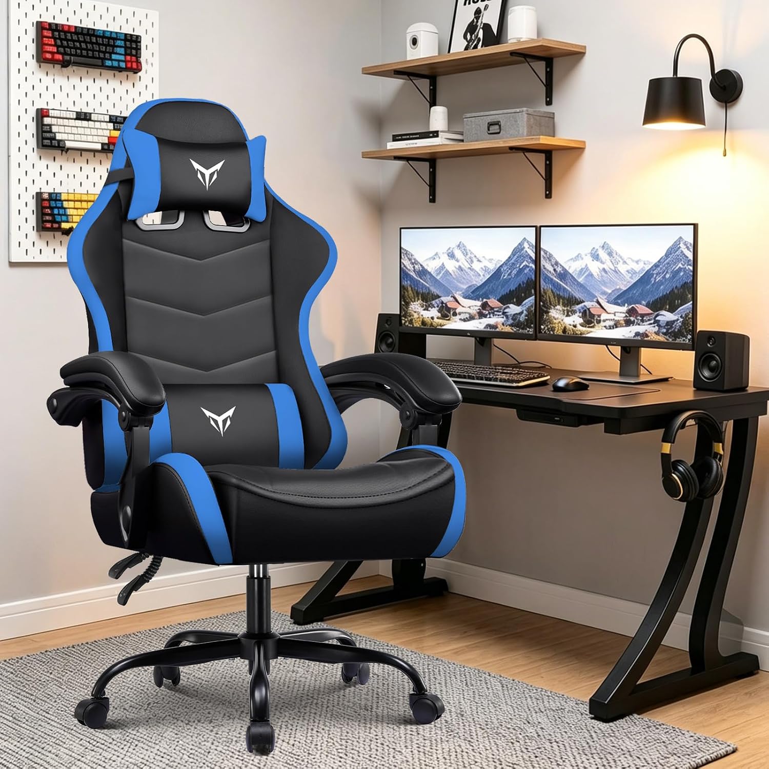 EXRACING Gaming Chair, Ergonomic Computer Chair 350lbs High Back for Adults, Height Adjustable Video Game Chair with Headrest and Lumbar Support, 360° Swivel, PU Leather, Linkage Armrest, Blue