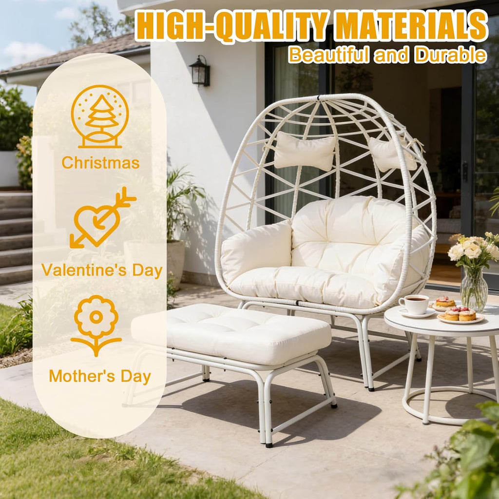 Double Wicker Egg Chair with Ottoman Oversized 2 Person Egg Basket Lounge Chair with Cushion & Footrest, Indoor Outdoor Boho Style Double Egg Chair for Patio Balcony Living Room, White-White