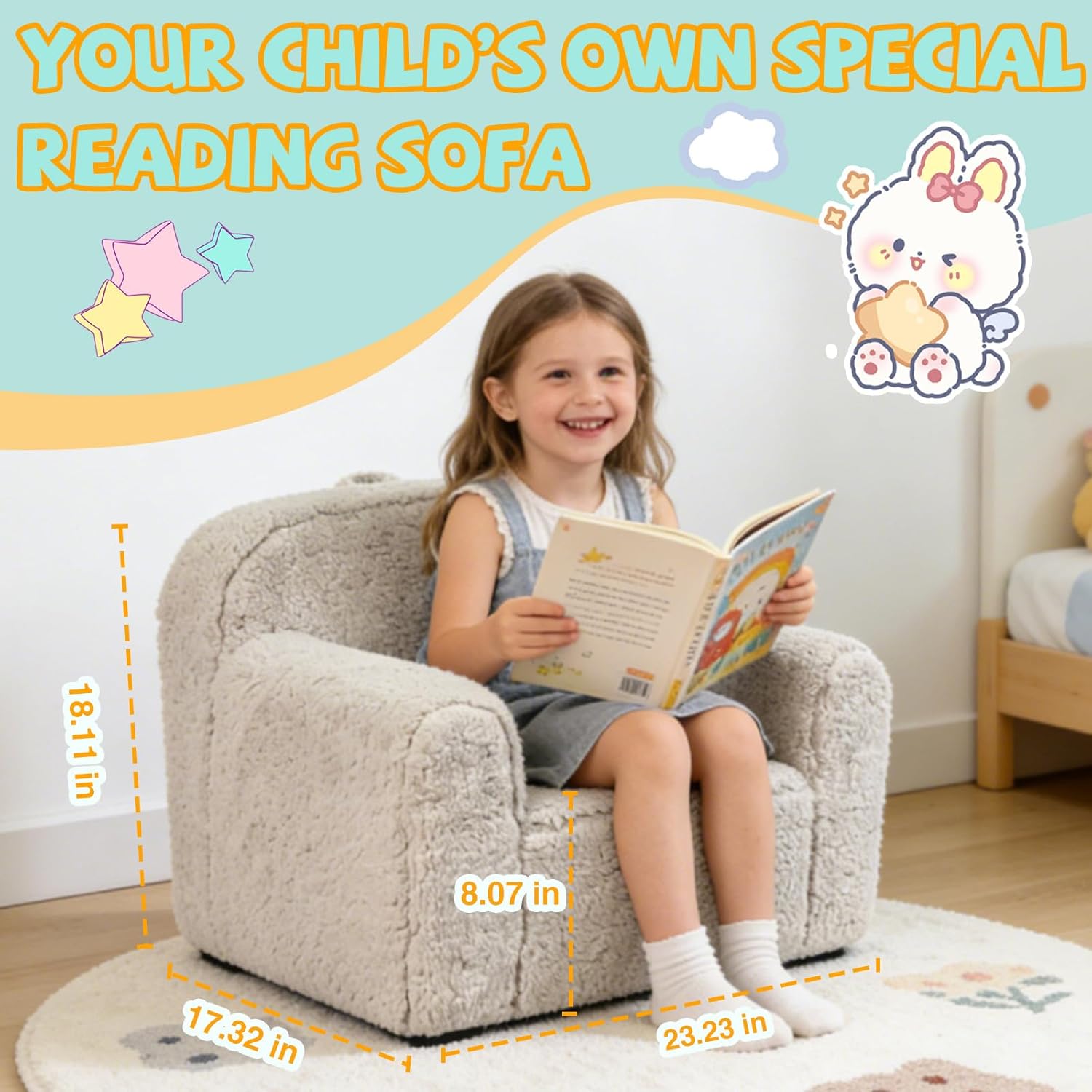 Pterying Toddler & Kids Chair Comfy for 1-3 Years Old, Toddler Couch with Washable Soft Sherpa Cover, Stable High-Resilience Foam Kid Sofa, Light Grey