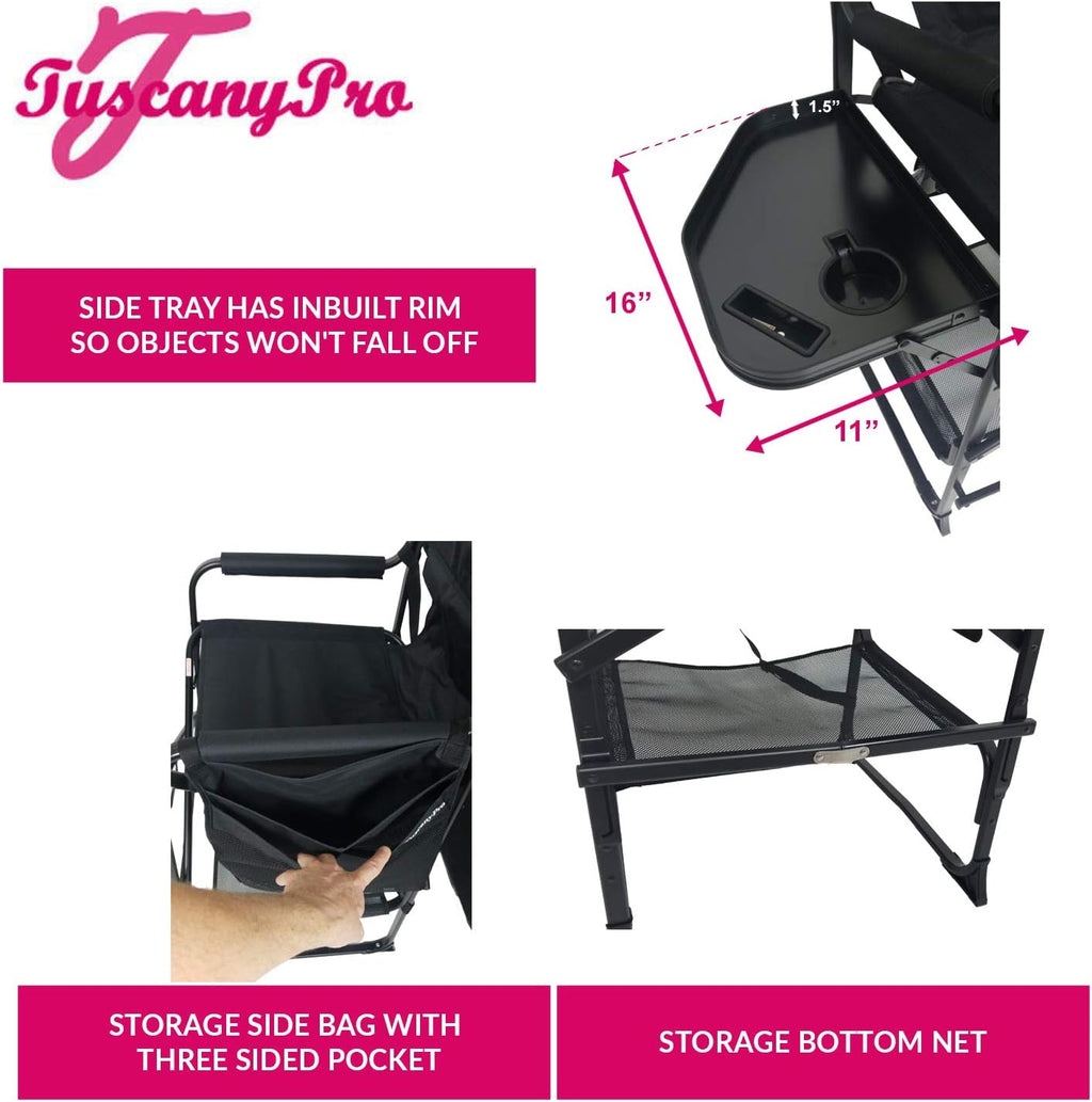 Portable Professional Tall Directors Chair with Side Tray - Custom Name/Logo Imprinted - 29 Inch Seat Height - for Salons, Makeup Artist, Hairstylist - Foldable Design