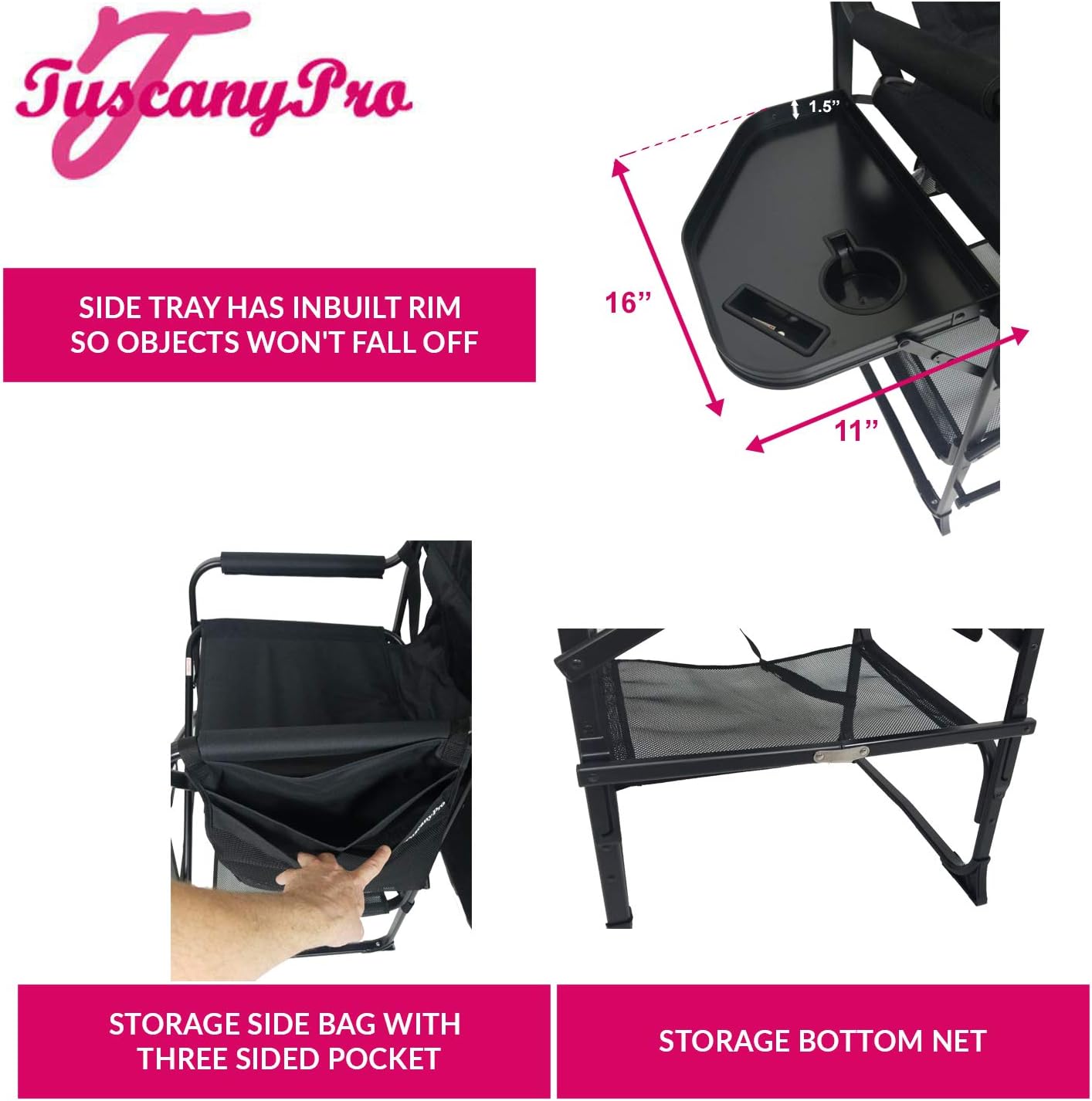 Portable Professional Tall Directors Chair with Side Tray - Custom Name/Logo Imprinted - 29 Inch Seat Height - for Salons, Makeup Artist, Hairstylist - Foldable Design