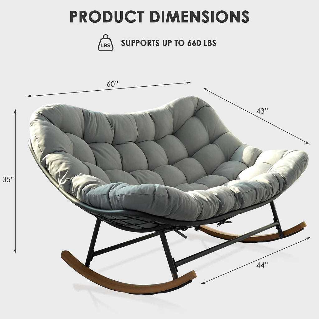Double Papasan Rocking Chair, Oversized Outdoor & Indoor Loveseat with Thick Cushion, Heavy-Duty Steel Frame, 660 lbs Capacity, Egg Rocking Chair for Porch, Patio, Garden, Living Room (Gray)