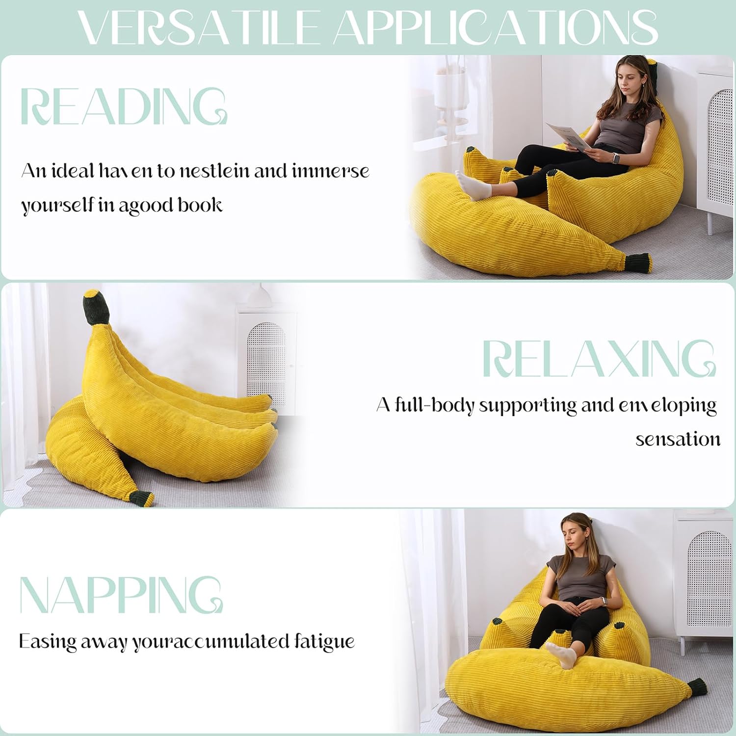 Banana Chaise Lounge Sofa Chair for Living Room, Bean Bag Chair with Ottoman, Floor Sofa Bed with Footrest, Comfy Convertible Lounger, Plush Couch for Bedroom, Dorm (Yellow, King)