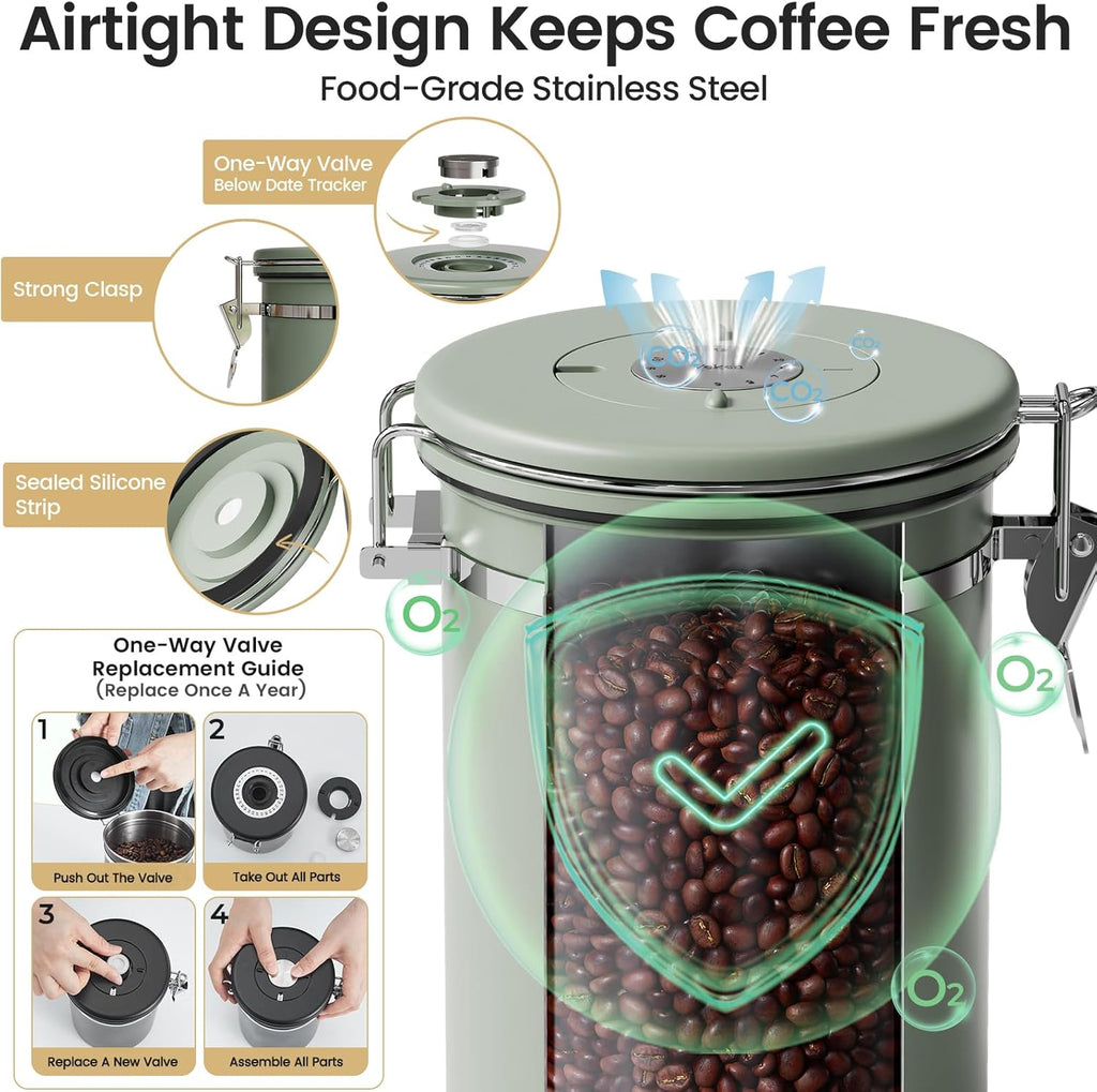 Veken Coffee Canister with Window, Airtight Stainless Steel Kitchen Food Storage Container with Lids, Date Tracker and Scoop for Ground, Beans, Tea, Flour, Cereal, Sugar Jars, 22OZ, Green