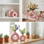 Pink Vase Decor Donut Vase Set of 2 - Circle Hollow Vases, Modern Matte Ceramic Vases for Entryway Living Room Bedroom Dining Table Centerpiece Office Home Decor