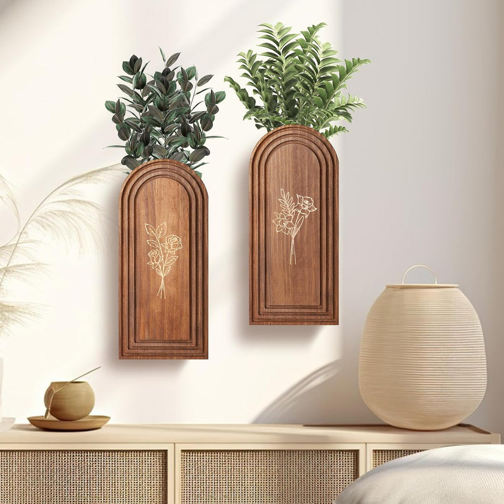 Rustic Wood Wall Planter - Decorative Hanging Vase for Dried Flowers & Artificial Plants, Farmhouse Wall Art Decor for Living Room & Entryway, Set of 2 Faux Greenery Holder (Not for Live Plants)