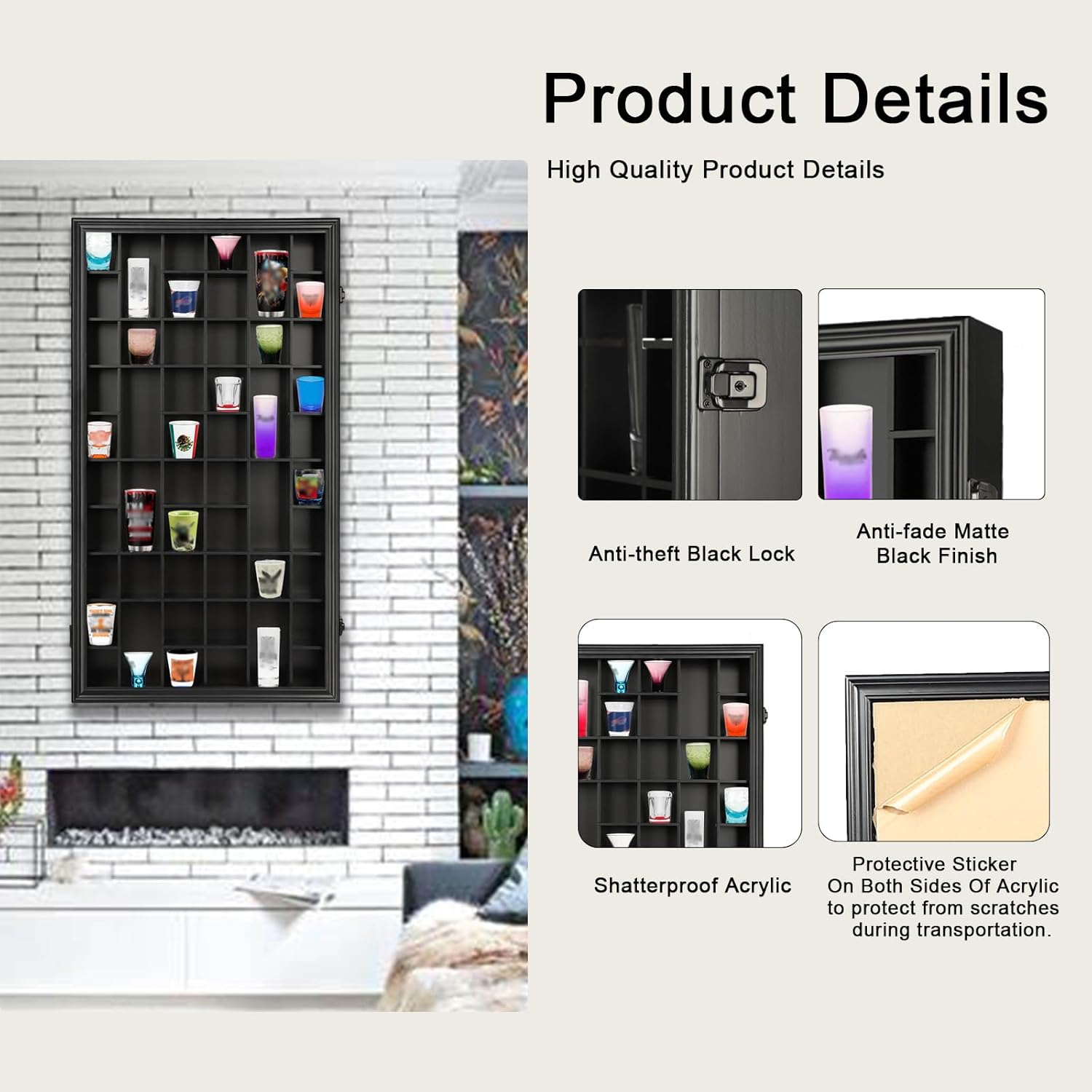 Shot Glass Display Case 17"x32" 52 Slots, Lockable Wooden Wall Mounted Shadow Box Cabinet with UV Protection Acrylic Door, Removable Shelves Shot Glass Storage Organizer for Collectibles