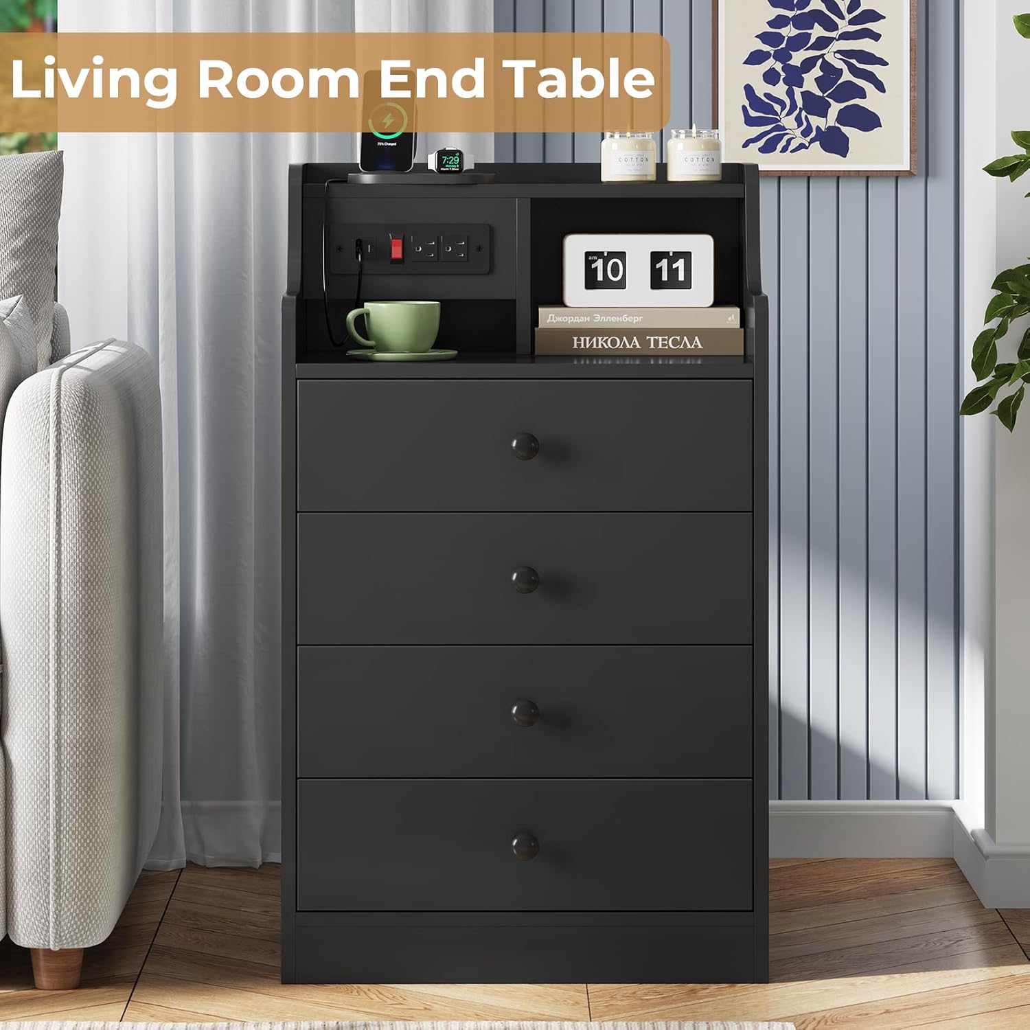 ADORNEVE Nightstand with Charging Station & Hutch,Black | Tall Bedside Table with 4 Drawers,Charging Night Table,Night Stand for Bedroom,Bed Side Tables