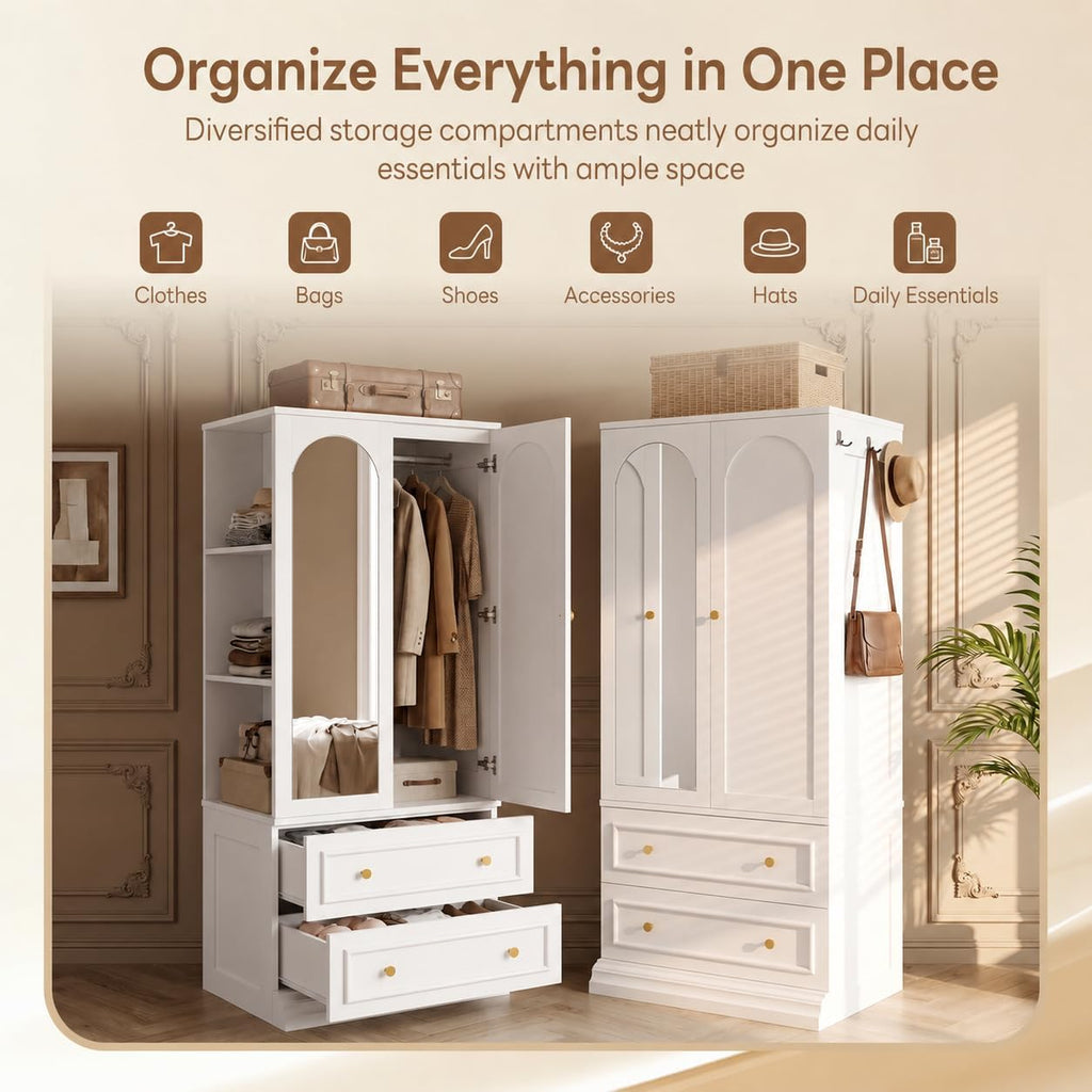 LIKIMIO Armoire Wardrobe Closet with Full Length Mirror, 3 Open Shelves | 71" Freestanding Bedroom Armoire with 2 Drawers, 3 Side Hooks & Hanging Rod, Clothing Storage Cabinet for Bedroom, White