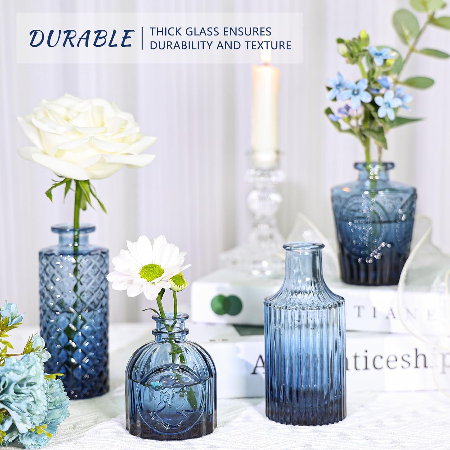 SUPMIND Glass Bud Vase Set of 12, Small Blue Flower Vases for Centerpieces in Bulk, Mini Vintage Vase for Wedding, Home,Table Decoration