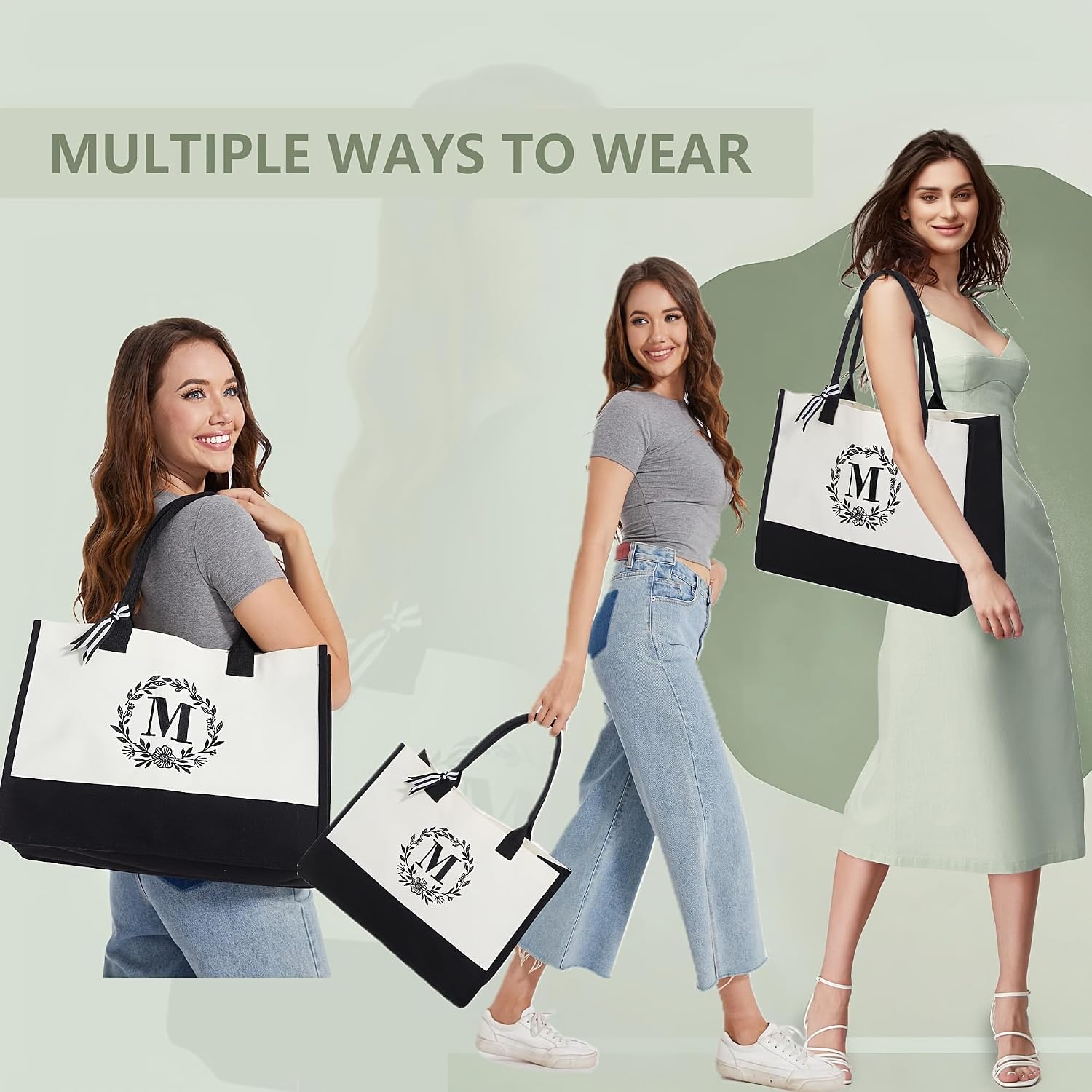 BeeGreen Embroidery Monogram Initial Tote Bag for Women Teacher Mom Friend Personalized Gift for Birthday Beach Work Wedding