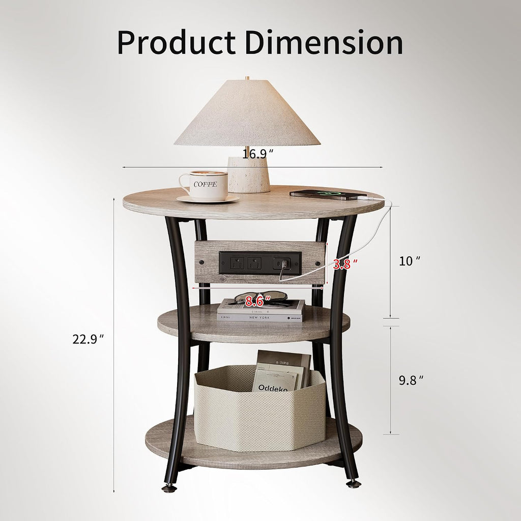 Side Table with Charging Station, End Nightstand with USB Ports and Outlet，3-Tier End Tables Living Room，for Living Room, Bedroom, Corners, and Office (Grey)
