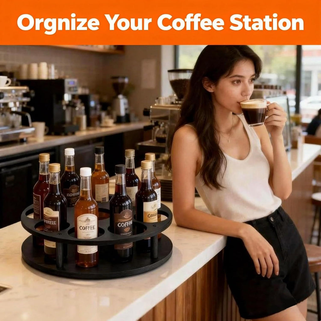 Rotating Coffee Syrup Organizer, 9 Bottles Coffee Syrup Rack, Wood Coffee Syrup Bottle Holder Stand for Coffee Bar Station Kitchen, Large Wine Rack, Coffee Syrup Holder Black