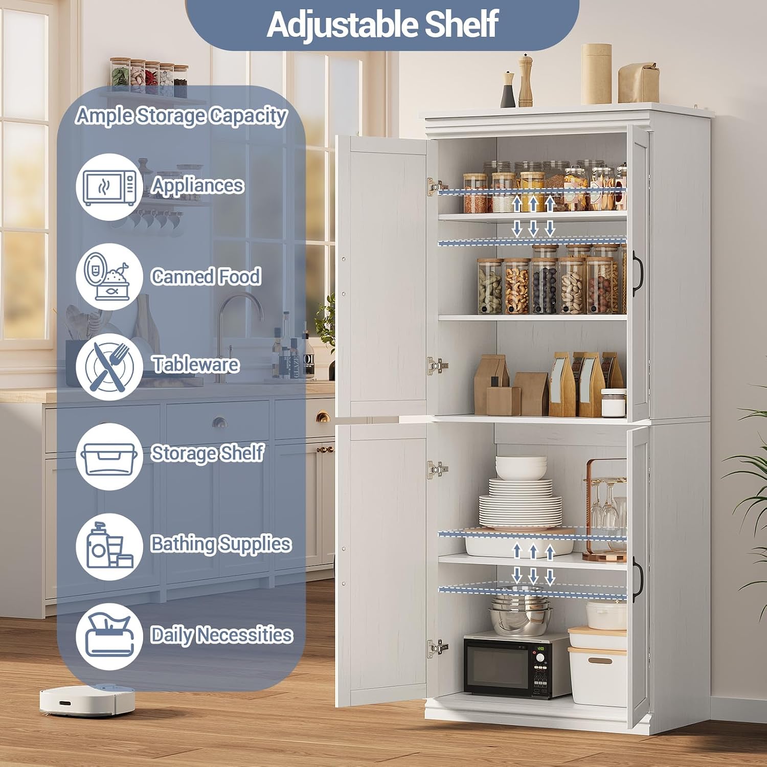 70" Tall Kitchen Pantry Cabinets Pantry Cabinet with 2 Doors and 3 Adjustable Shelves, Freestanding Cupboard, Modern Storage Cabinet for Living Room, Kitchen