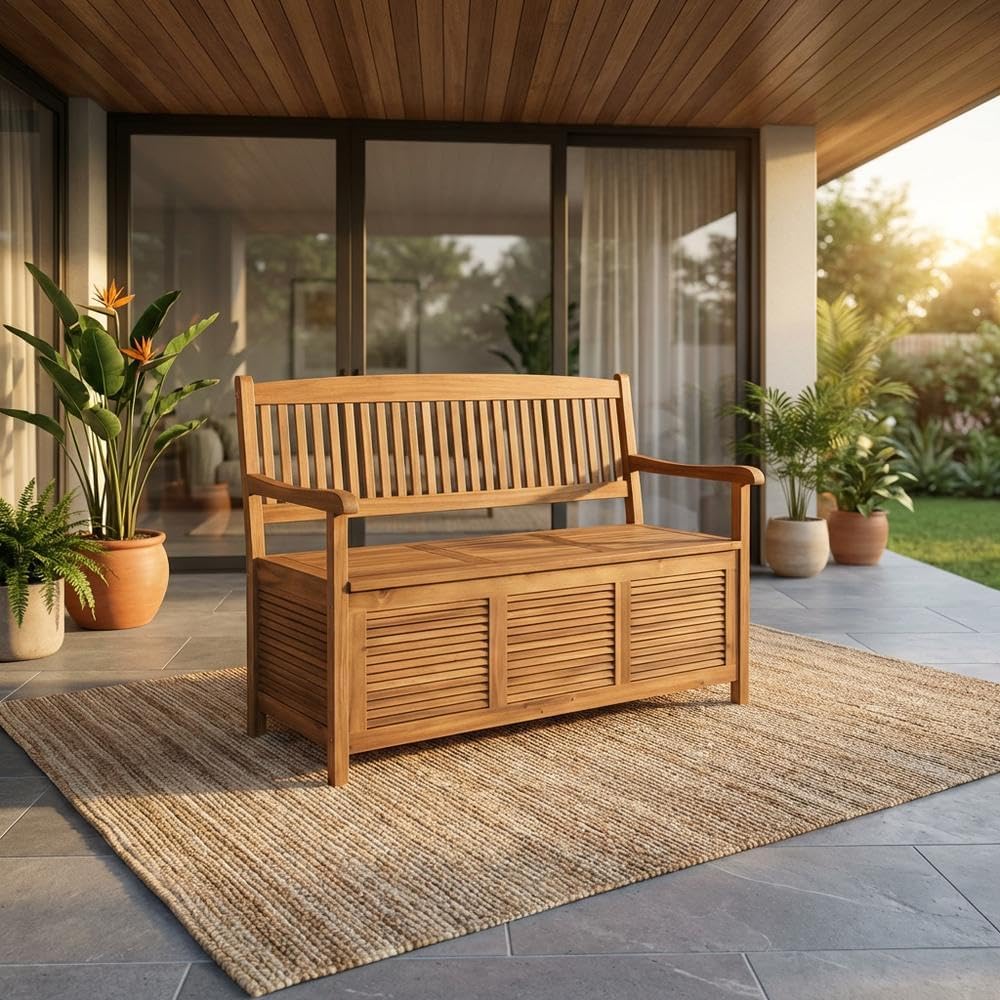 Brown Storage Bench with Acacia Wood, Galvanized Steel Hardware, Oil Finish, 50 Inches Wide, Durable and Weather-Resistant Outdoor Furniture