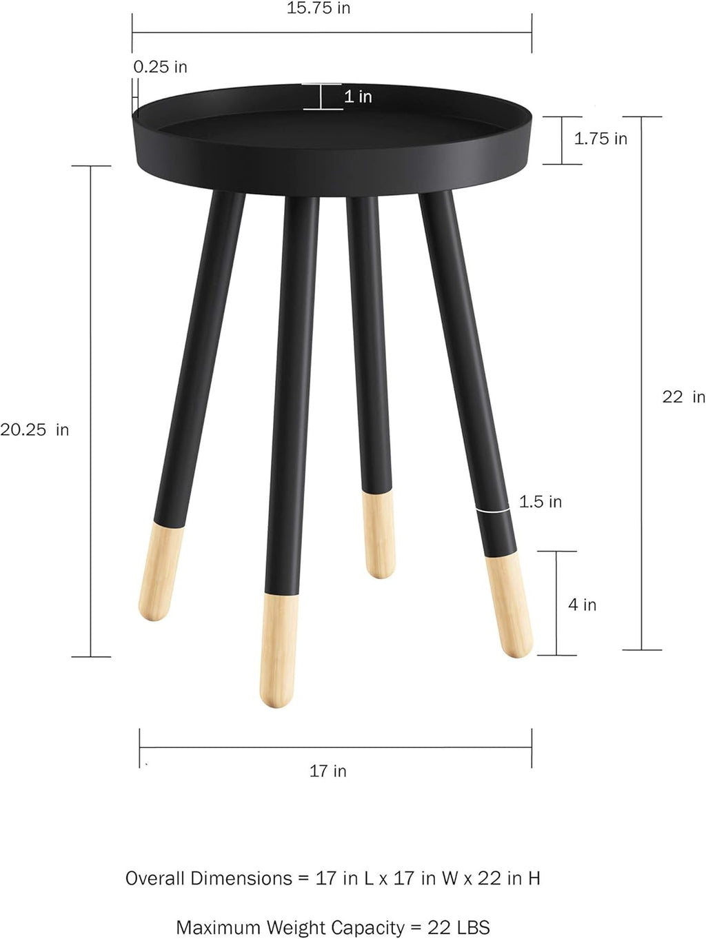 Lavish Home Round End Table Set of 2 – 17 Inch Small Round Side Table Set with Tray Tops and Color-Block Spindle Legs – Wooden Mid Century Modern Living Room Furniture (Black)