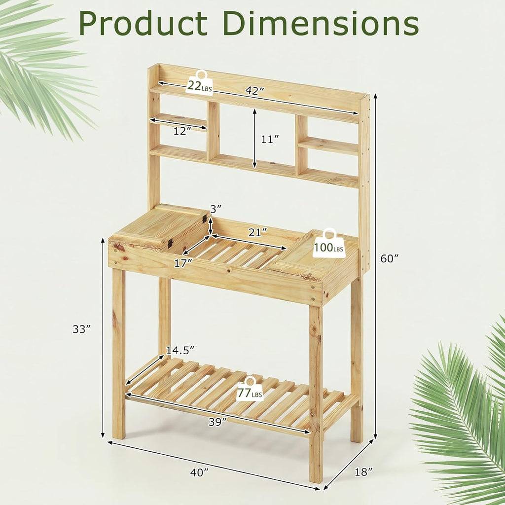 HAPPYGRILL Potting Bench Table, 60” Wood Garden Work Bench Workstation with Storage, Flip-Up Tabletop, Shelves & Hanging Hooks, Outdoor Garden Table for Patio, Lawn & Porch