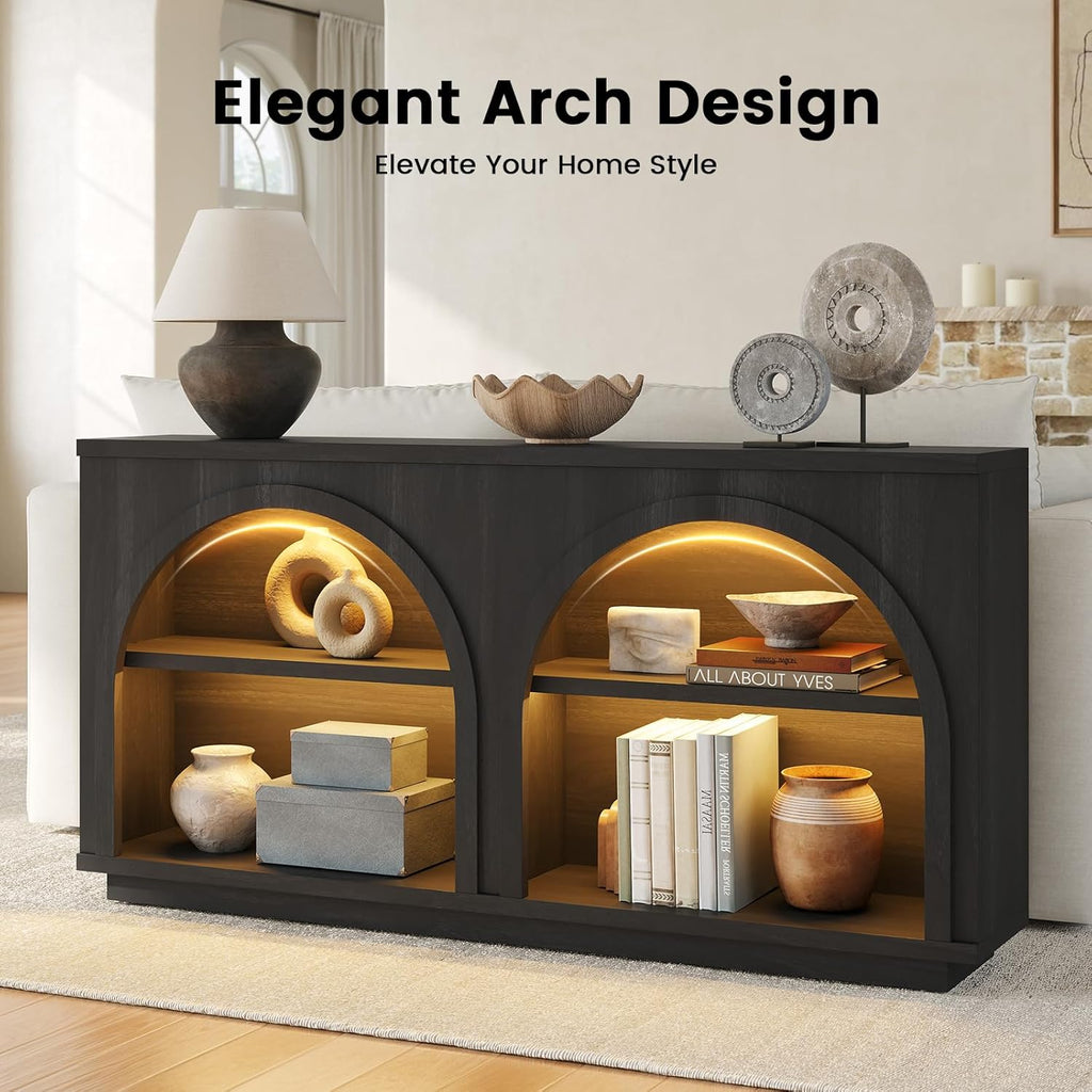 Sikaic 63" Arched Console Table with LED Lights, Modern Farmhouse 3-Tier Storage Entryway Table, Sofa Table Behind Couch, Sideboard Buffet Storage Cabinet for Entrance, Hallway, Living Room, Black