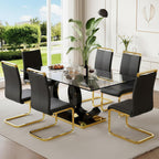 Ebullient Glass Dining Table Set for 6, Modern Tempered Glass Kitchen Table Set with OC Design Leg and Metal Base, 7 Piece Dining Table Set with 6 PU Leather Upholstered Chairs for Kitchen