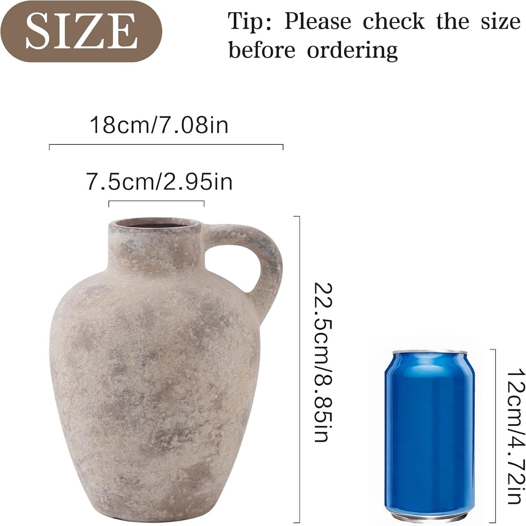 Enra Rustic Terracotta Vase with Handle, Textured Ceramic Home Decor | 8.85 Inch Vase with Farmhouse Style for Living Room, Shelf, Table Centerpiece and Home Decoration