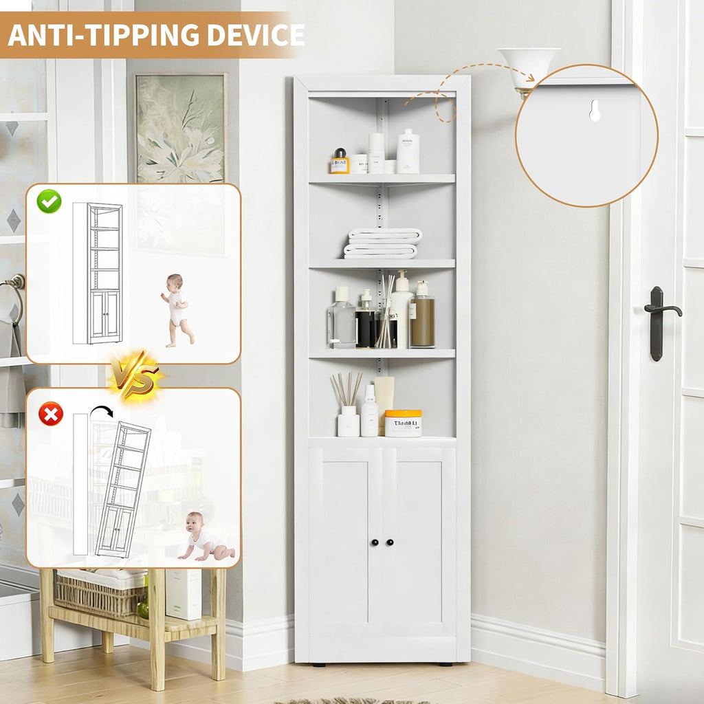 Tall Corner Pantry Cabinet for Living Room, 71 Inch 5-Tier Metal Corner Kitchen Cabinet, Adjustable Shelves, Floor Corner Bathroom Cabinet with Storage Shelves for Laundry Room, Space Saving, White