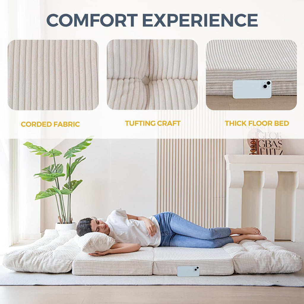 MAXYOYO Folding Sofa Bed, Tufted Bean Bag Bed with Pillows Floor Couch for Adults, Extra Thick and Long Floor Sofa, Twin Floor Couch Bed for Bedroom Living Room, Beige, 39x91 Inch