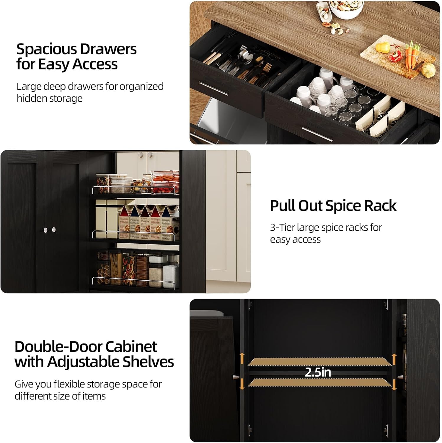 4 EVER WINNER 53" Kitchen Island Cart with Hidden Trash Storage, 3-Tier Spice Rack & Adjustable Shelves, Mobile Kitchen Counter on 5-Wheel Casters, Black