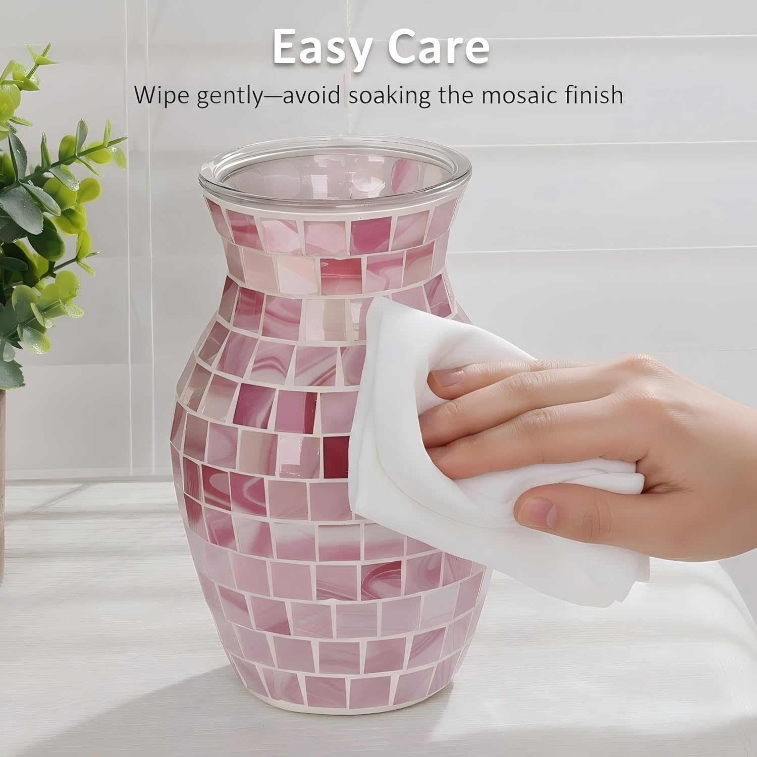 Pink Vase for Flowers, 8 Inch Mosaic Glass Centerpiece | Pink Gradient Tiles, Wedding Table Decor, 5.42 Inch Body for Bouquets and Pampas