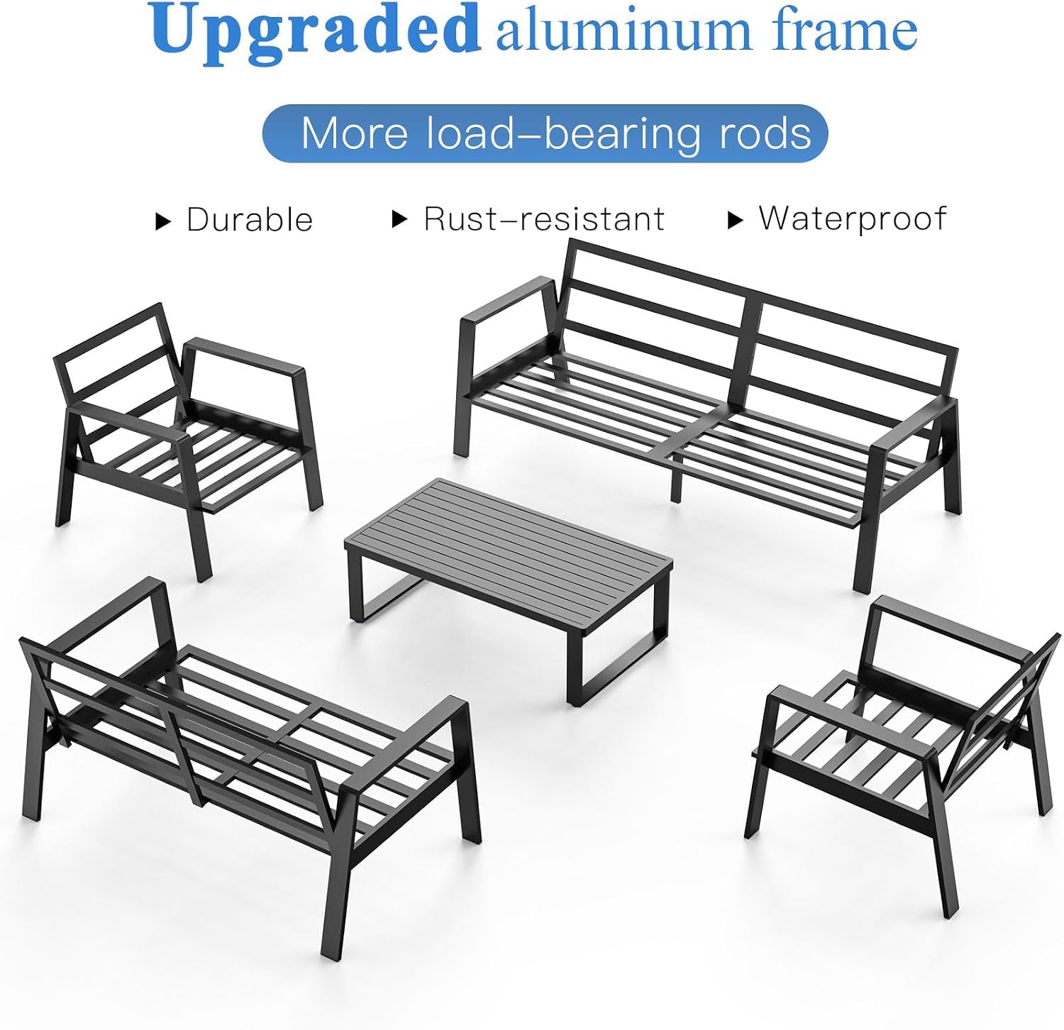 Aluminum Outdoor Patio Furniture Set, 5 Piece Sectional Coversation Sets with Coffee Table, Modern Outdoor Sofa Couch with Thick Cushions for Porch, Balcony, Garden (Black/Blue, 5 Pcs Set)