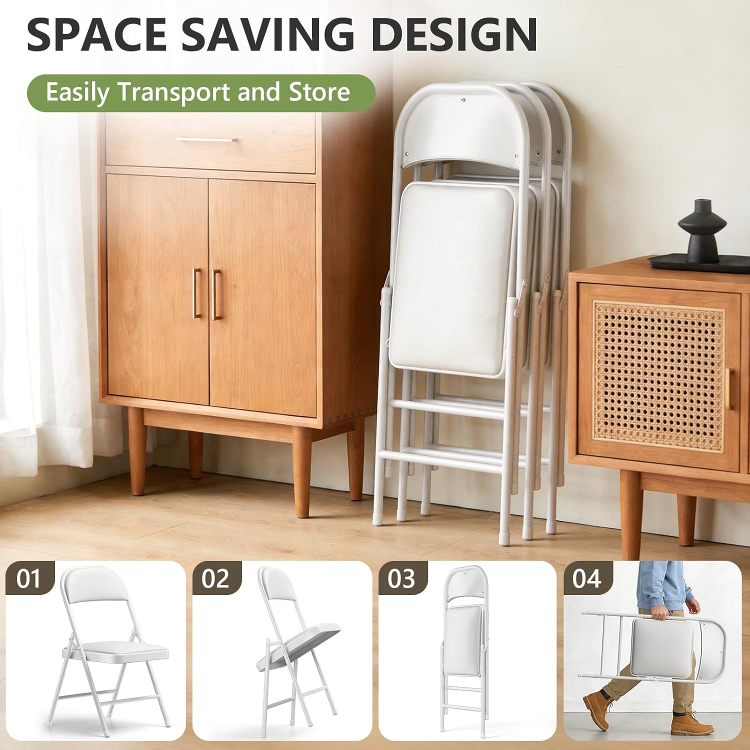 Folding Dining Chairs Set of 4 - Modern PU Leather Folding Chairs with Cushion Seat & Back Metal Legs Kitchen Chairs Folding Chair Set for Kitchen/Living Room/Bedroom/Parties (White)