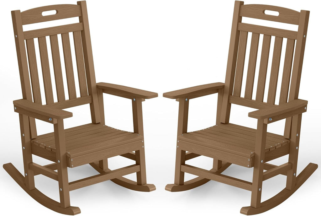 YEFU Outdoor Rocking Chairs Set of 2, Rocking Chairs Outdoor Weather Resistant, Porch Rocker Oversized, Patio Rocker Poly, for Lawn Garden, Heavy-Duty 350lbs(Teak)