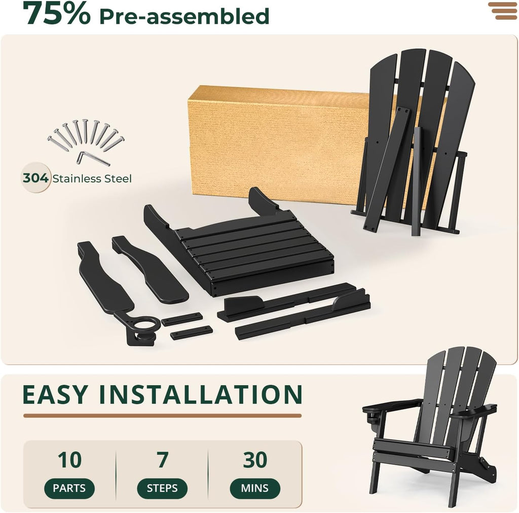 BRIOPAWS Folding-Adirondack-Chairs Set of 2 | HDPE Plastic | Fire Pit Chair | Cup Holder | Curved Back | All Weather| for Outdoor Backyard Deck Patio | Black