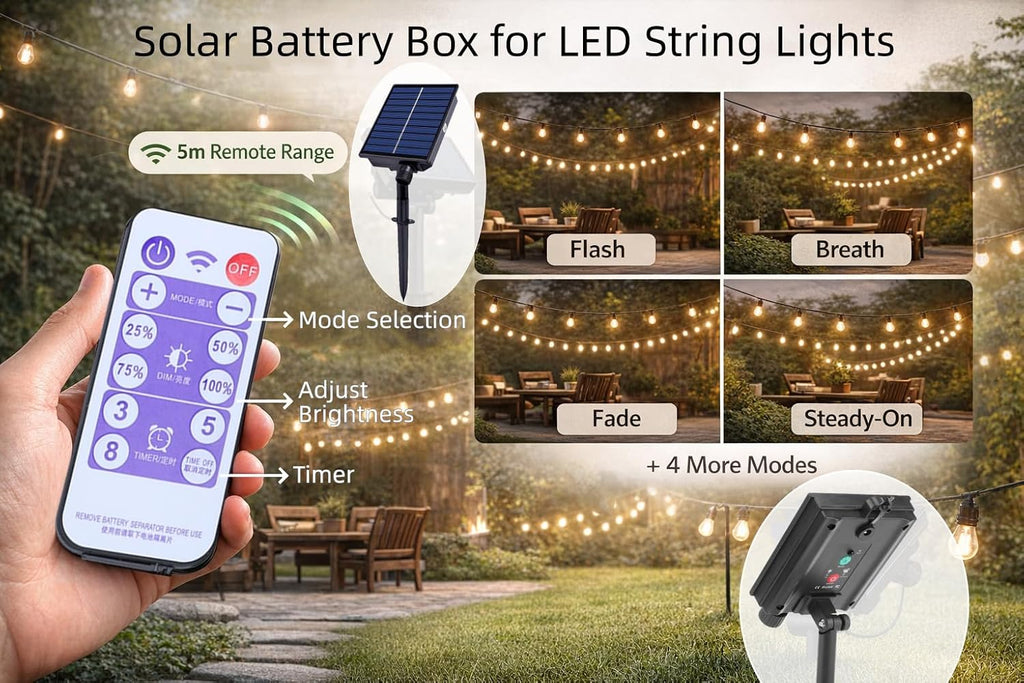 CHICIRIS Solar Battery Box for LED String Lights, Outdoor Lights Control Panel with DC Charging 8 Remote Modes Pack Powered Lithium Lamp with Remote (Output Boost 24V)