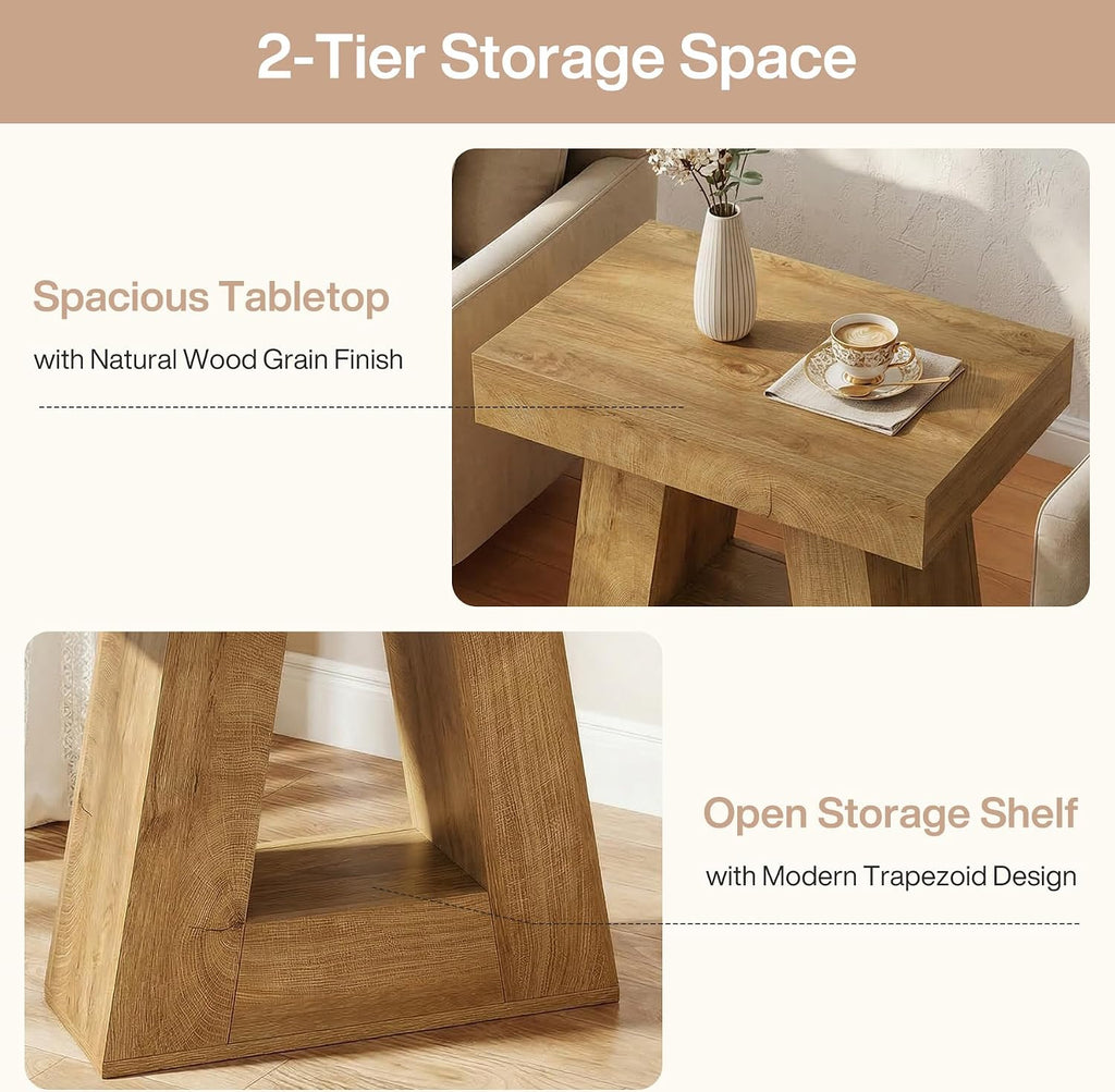 Tribesigns 24" Side Table, Narrow End Table with 2-Tier Storage Shelf, Farmhouse Wooden Nightstand Accent Table with Trapezoid Base for Living Room, Bedroom, Small Spaces, Natural Oak Color