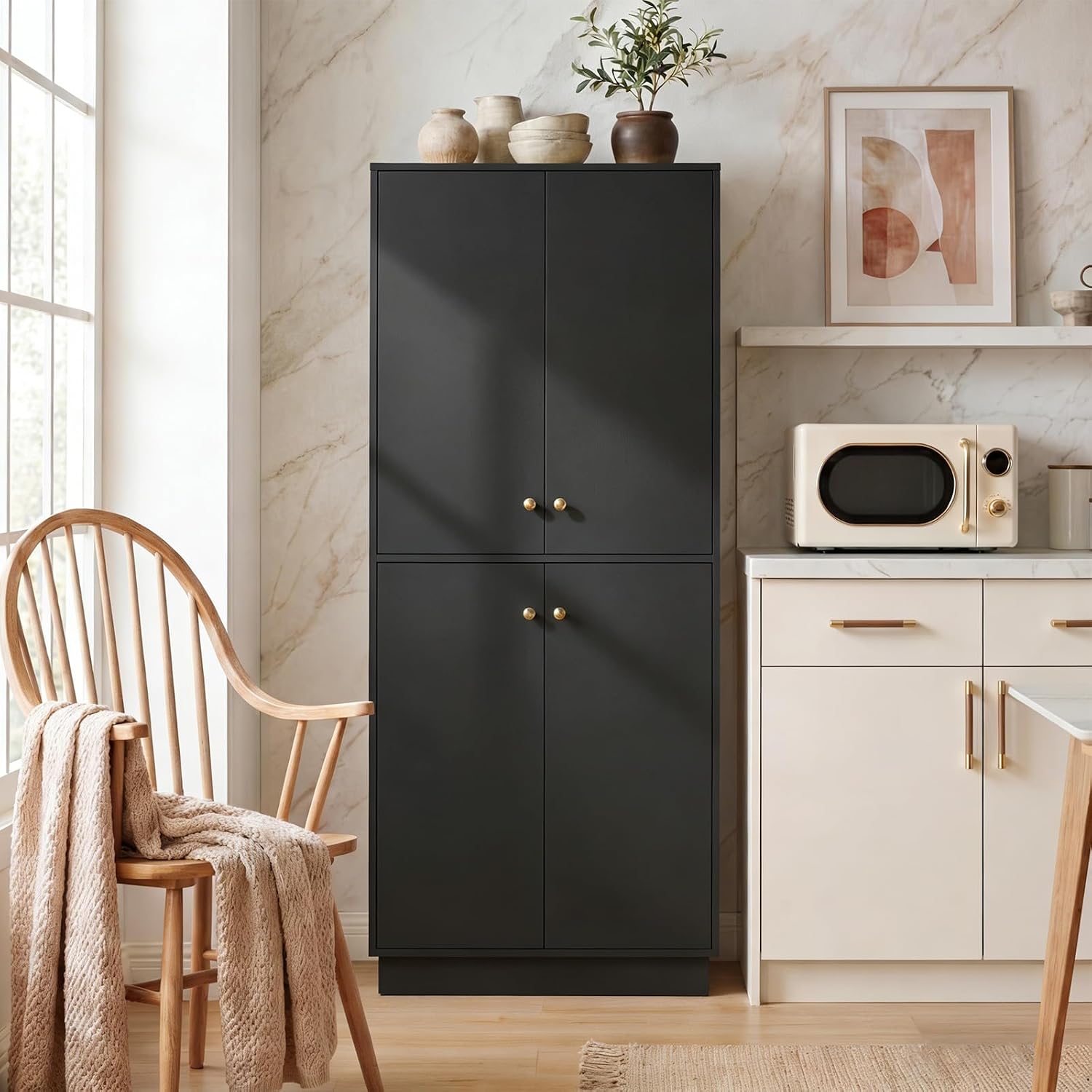 TROPOW Kitchen Pantry Storage Cabinet, 67" Tall Food Pantry with Adjustable Shelves & Anti-Tip Design, Large Kitchen Hutch Cabinet for Dining Room Living Room, Black