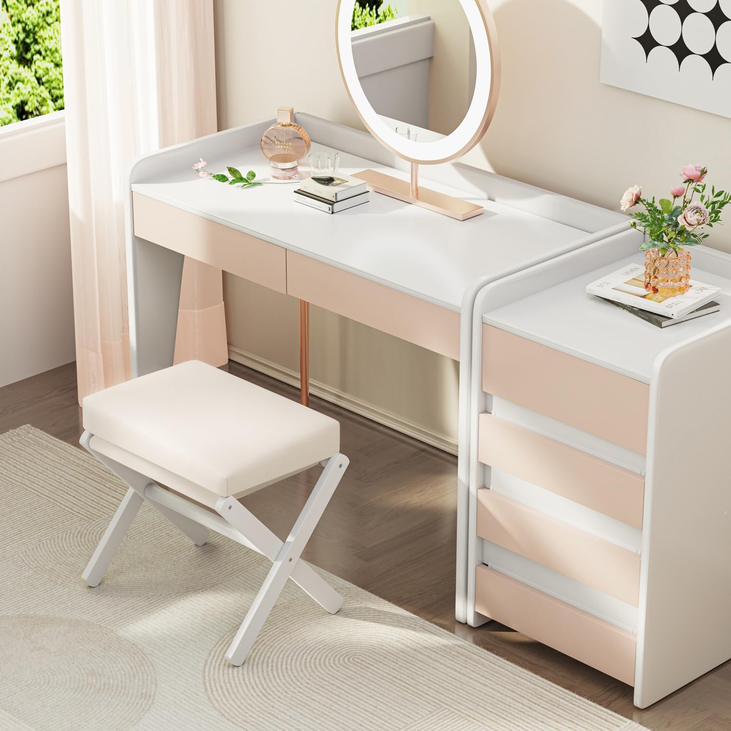 BAMBOOHOMIE Foldable Foot Stool Ottoman, Modern Foot Rest with Bamboo X Legs & Thick Foam Cushion, Folding Foot Stools Small Padded for Bedroom Living Room, Footstool for Chair Couch (White - White)